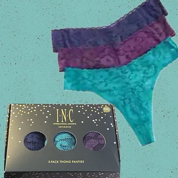 I.N.C XXL Teal-Grape-Purple Lace Elastic Waist Scallop Detail Thong Panties 3Pk - Picture 1 of 4